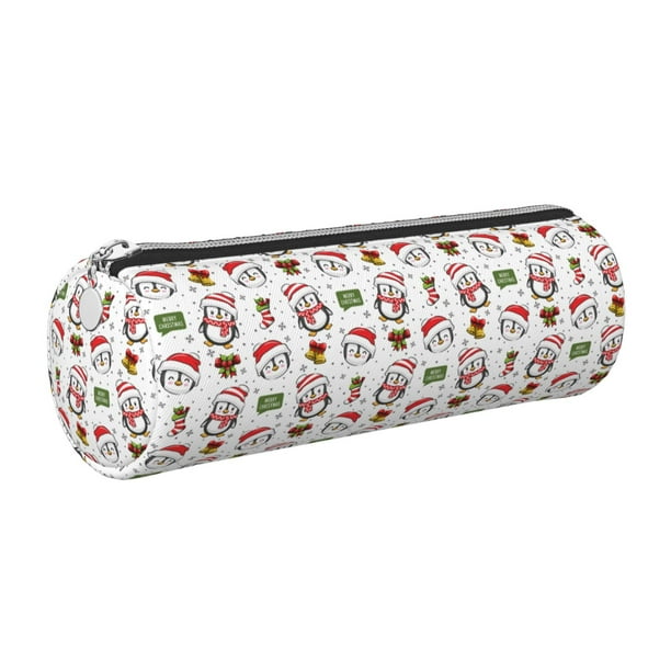 Easygdp Cute Christmas Hat Penguin A para Estuche de Lápices Cilíndrico de Cuero con Cremallera, Organizador de Lápices de Cuero para Escuela, Oficina y Viajes