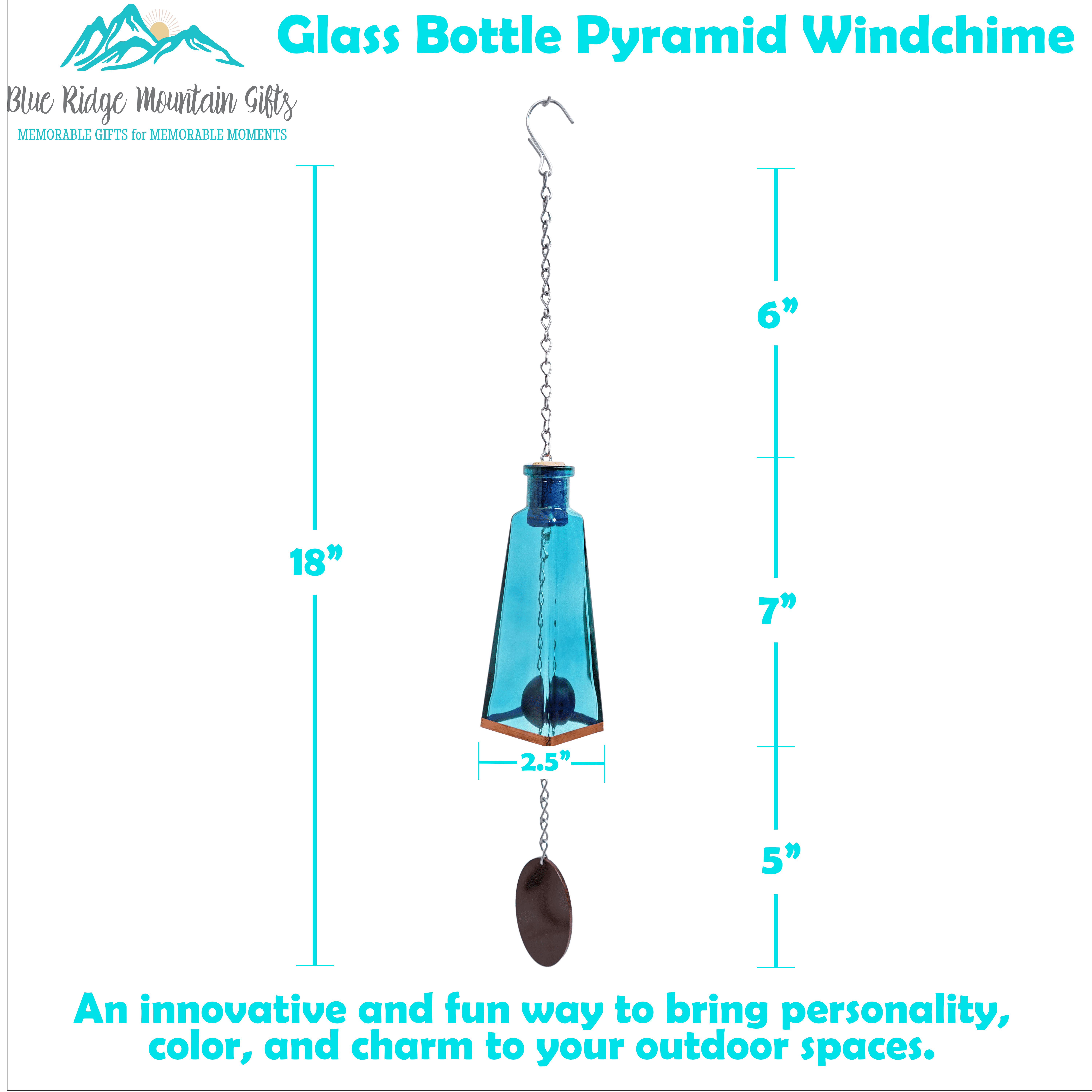 Handmade Aqua Glass Wind Chimes Made From Pyramid Shaped Bottles, Colorful Home Decor Outdoor Garden or Patio