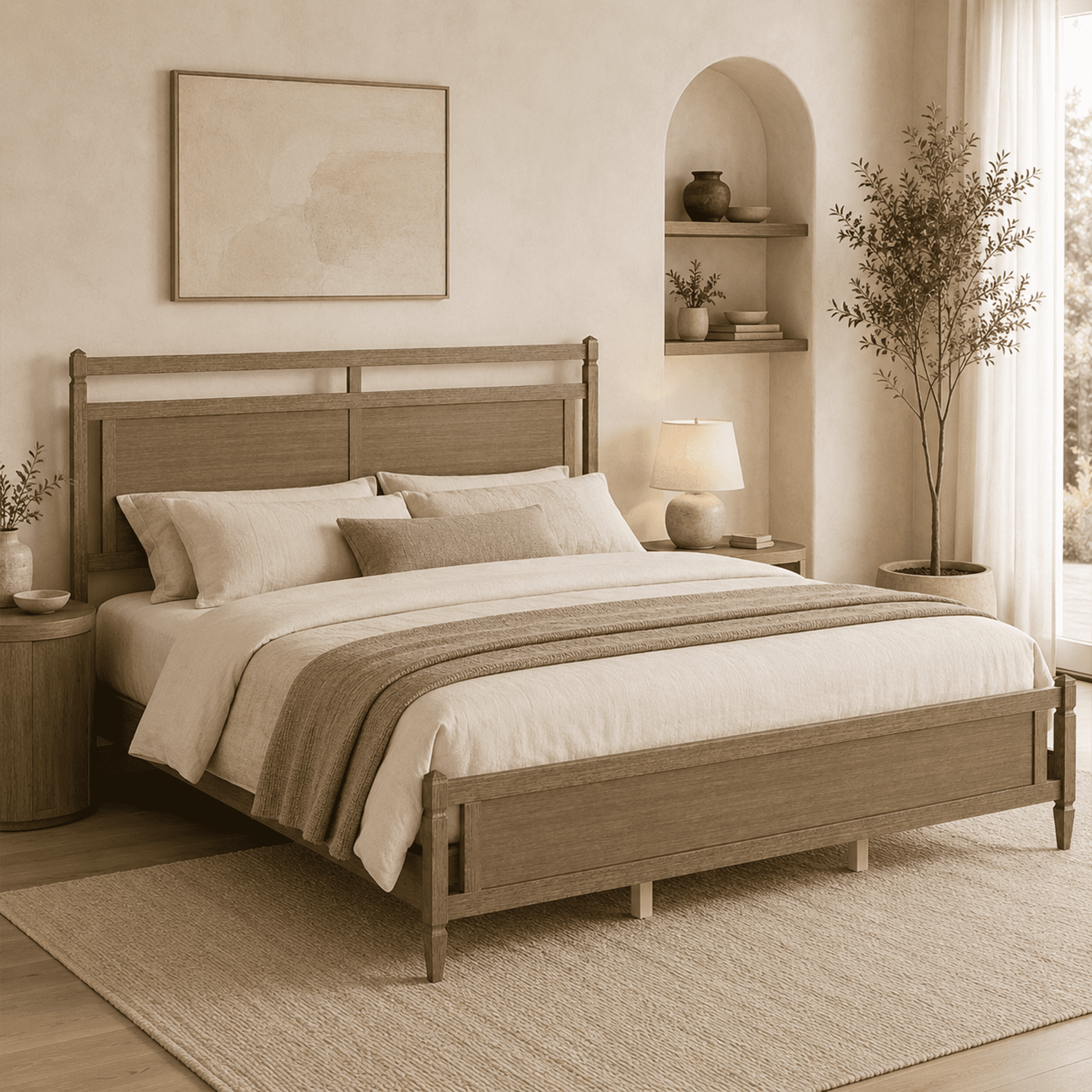 Euroco Modern Wood King Size Platform Bed, Mid-Century Bed Frame with Panel Headboard, No Box Spring Needed, Gray Oak