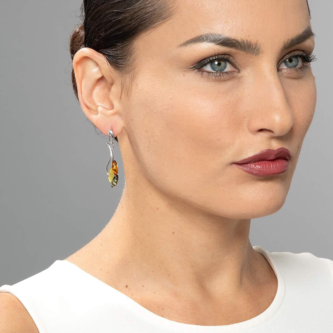 Peora Genuine Baltic Amber Leaf Dangle Earrings for Women 925 Sterling Silver, Rich Multiple Colors, Friction Backs