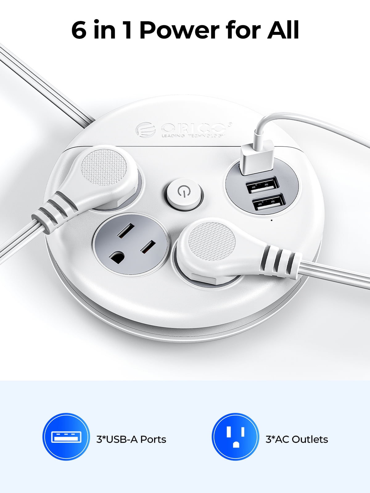 ORICO Flat Plug Power Strip 3 Outlets 3 USB A Ports 10 ft Long Extension Cord Power Strip with Switch