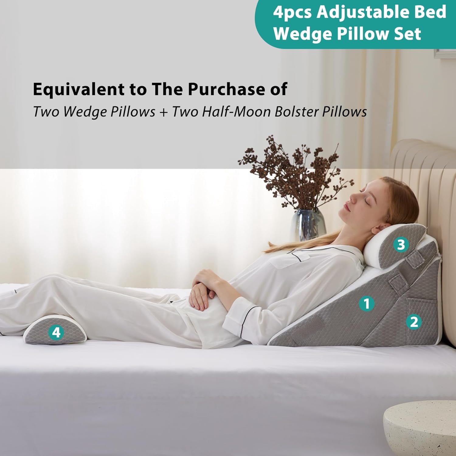 Adjustable 4-Piece Memory Foam Bed Wedge Pillow Set for Back, Neck, Leg Pain Relief, Sleeping, Sitting Up, Acid Reflux and GERD, White and Grey