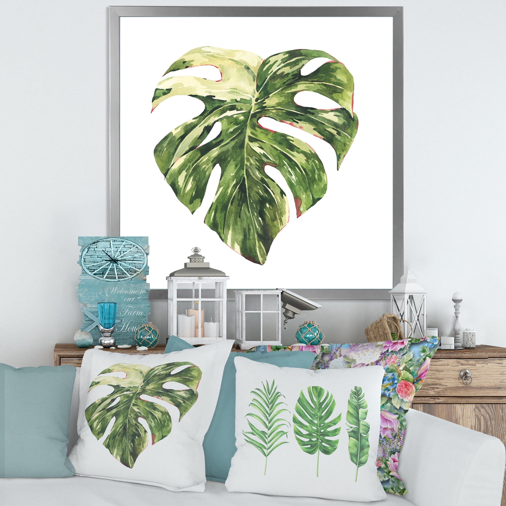 Designart 'Tropical Green Leaves On White In Summer Times III' Tropical Framed Art Print