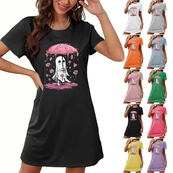 Aboser Halloween Nightshirts for Women Cute Funny Print Sleep Dress Loose Short Sleeve Loungewear Comfort Soft Short Nightgown Casual Round Neck Sleepshirt