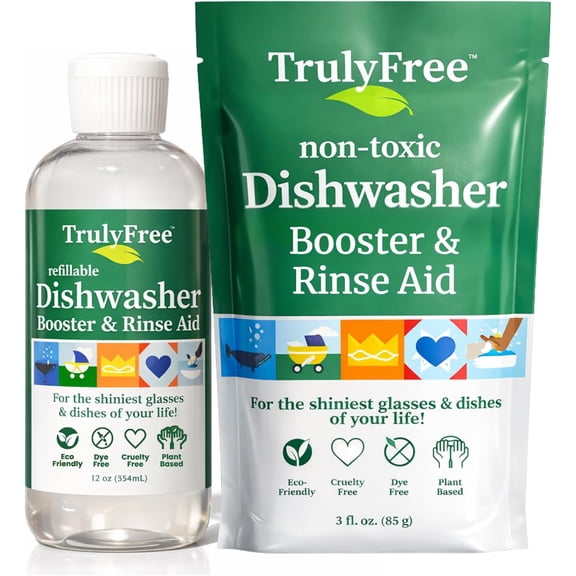 Natural Dishwasher Booster & Rinse Aid Kit - Non-Toxic Dishwashing Aid Formula, Removes Residue & Tough Dish Stains, Water Spot Remover - 12 oz Reusable Empty Bottle   One Fill, 3 oz