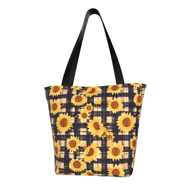 Balery Vintage Black White Plaid Sunflowe Bolsa de Hombro con Diseño, Bolsa Grande y Duradera, Bolsa Versátil para Compras
