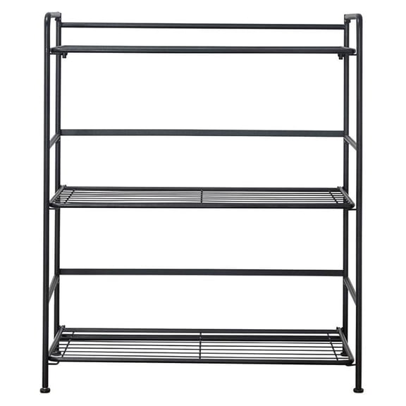 Folding Metal Bookcase-Small Space -No Assembly-Home, Kitchen, Bathroom and Office Black, 3 Shelves, Wide