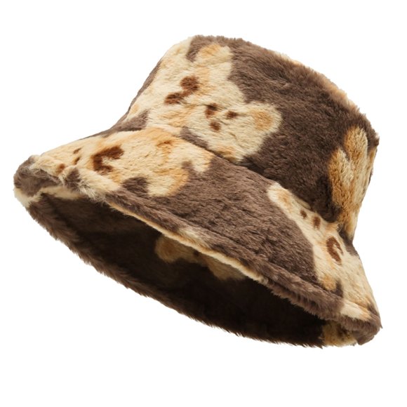 CEHVOM Winter Plush Bucket Hat For Women Bear Print Fuzzy Bucket Caps Casual Warm Fisherman Hats