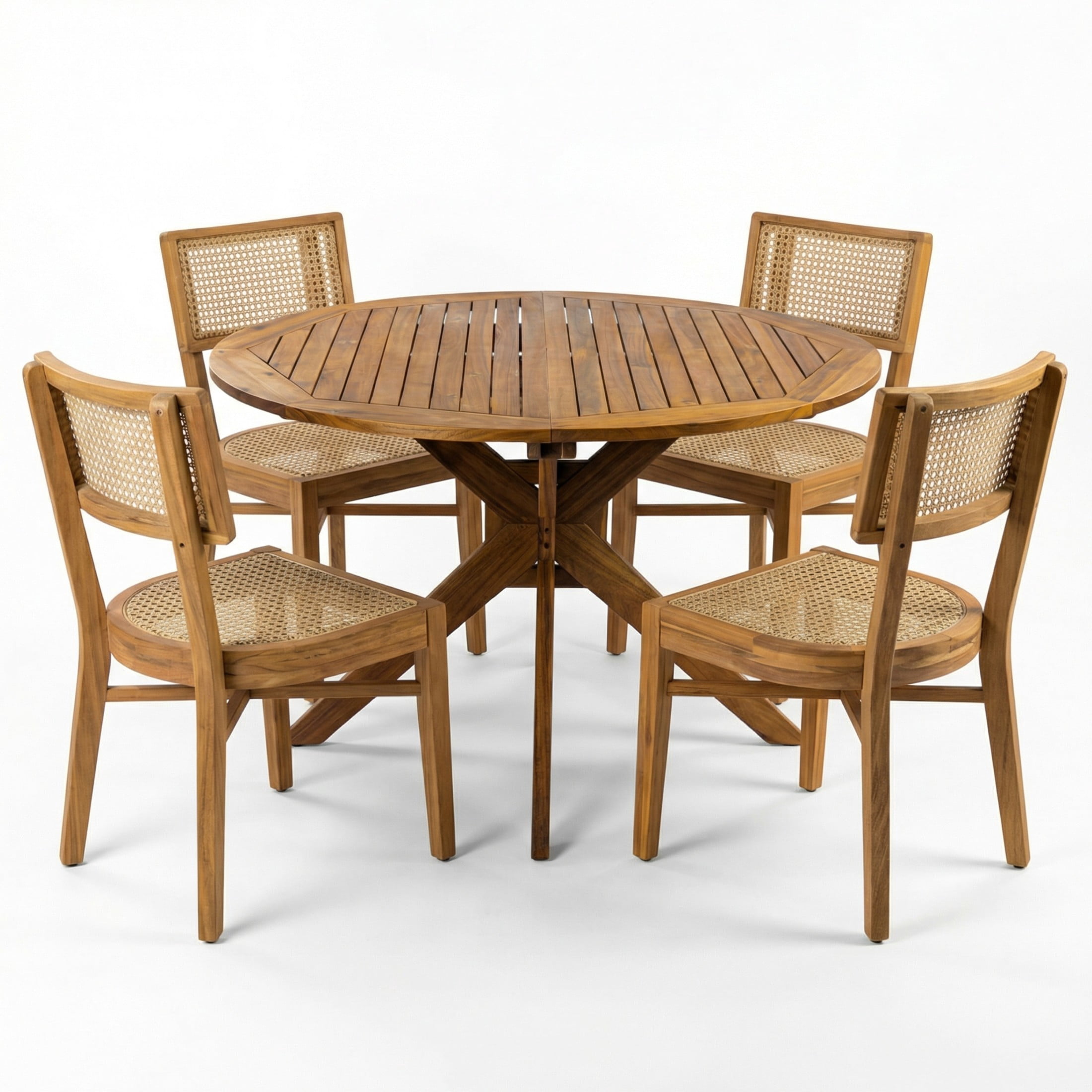 Christopher Knight Home 5-Piece Outdoor Wood Dining Set, Round Table with Light Brown Wicker Chairs, Teak