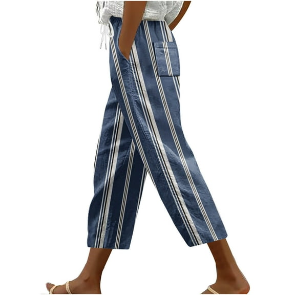 ZToonmas Women's Stripe Print Drawstring Waist Capri Pants Loose Harem Style Cropped Trousers with Pockets for Daily Casual Wear