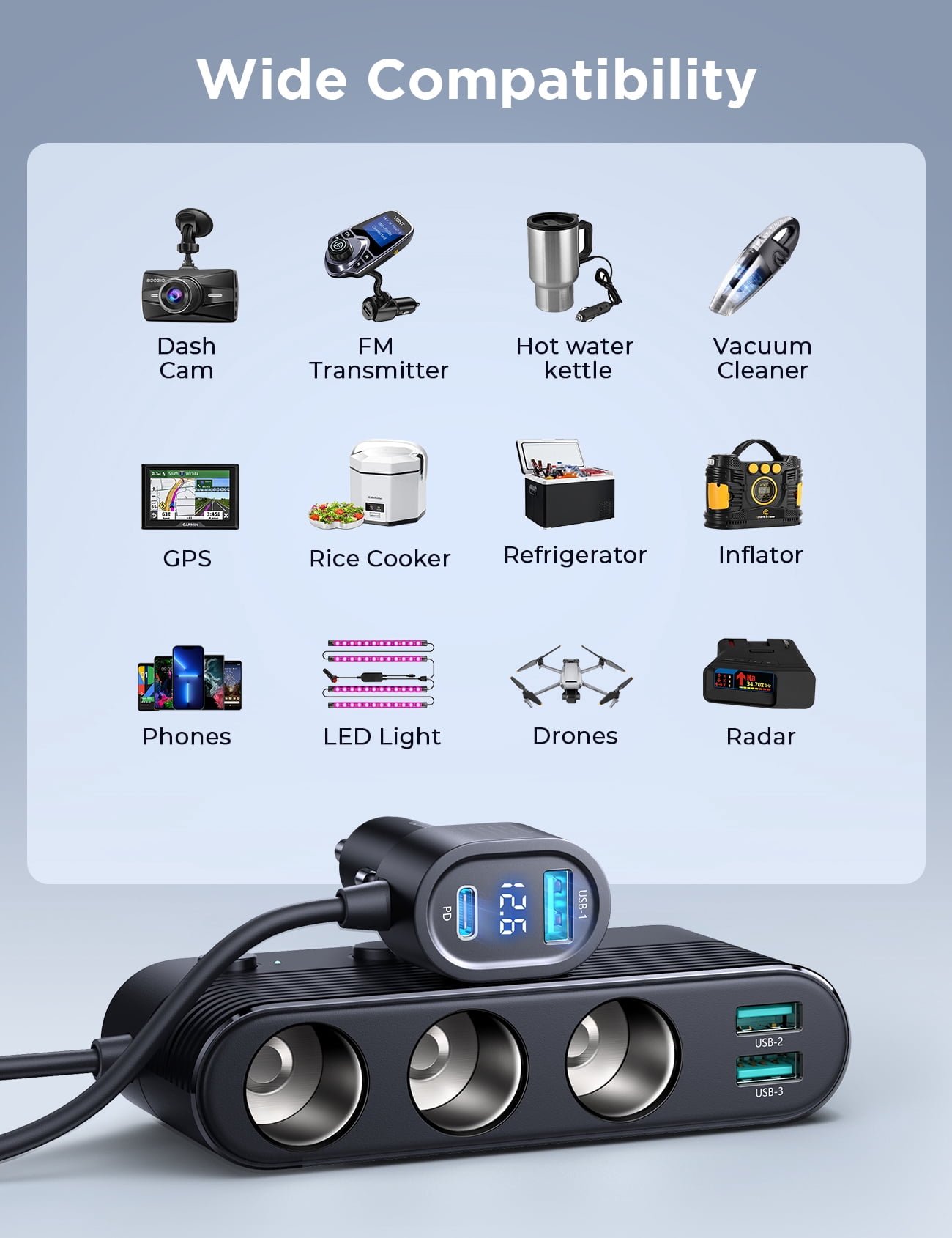 JOYROOM 7 in 1 Cigarette Lighter Adapter, PD 30W Fast Charging USB Car Charger Adapter, 24V/12V Cigarette Lighter Splitter with Independent Switches & LED Voltage Display