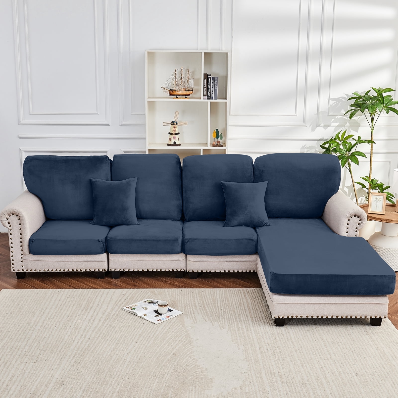 Sanmadrola Couch Covers Velvet Sofa Cushion Cover Stretch Machine Washable Universal Slipcover Furniture Protector for Couches Sectional Sofas, Aegean Blue