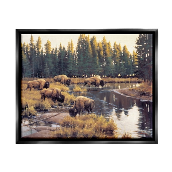 Stupell Industries Bison Grazing Along Stream Animals & Insects Painting Black Floater Framed Art Print Wall Art