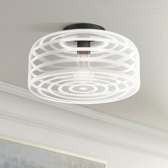 Possini Euro Design Cooper 12 3/4" Mid Century Modern Semi Flush-Mount Ceiling Light Fixture Kitchen Black Finish Ribbed Glass