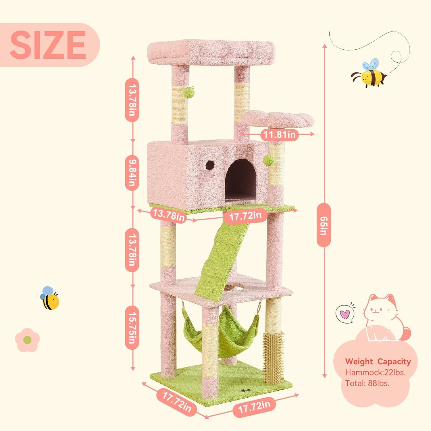 65-Inch Flower  Tree for Large Cats, Pink  Tower with  Large Condo, 2 Perches, Spacious Hammock and 6 Sisal Scratching Posts for Indoor Cats