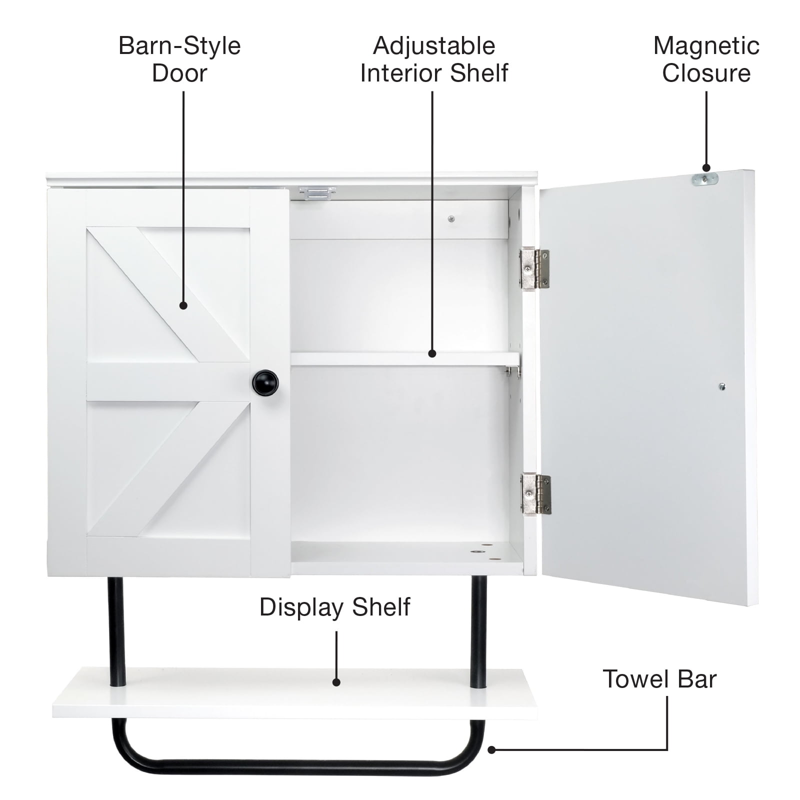 Excello Global Products 22" x 27.5” Barndoor Bathroom Wall Cabinet, Space Saver Storage Cabinet Kitchen Medicine Cabinet with Adjustable Shelf and Towel Bar, White