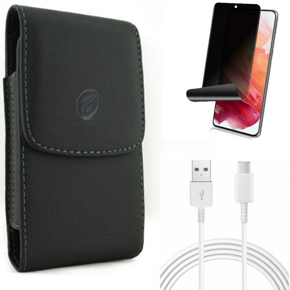 Privacy Screen Protector & 10ft USB-C Cable & Case Belt Clip for Samsung Galaxy S22 (6.1") - TPU Film Fingerprint Works & Type-C Charger Cord & Leather Holster Accessory Bundle