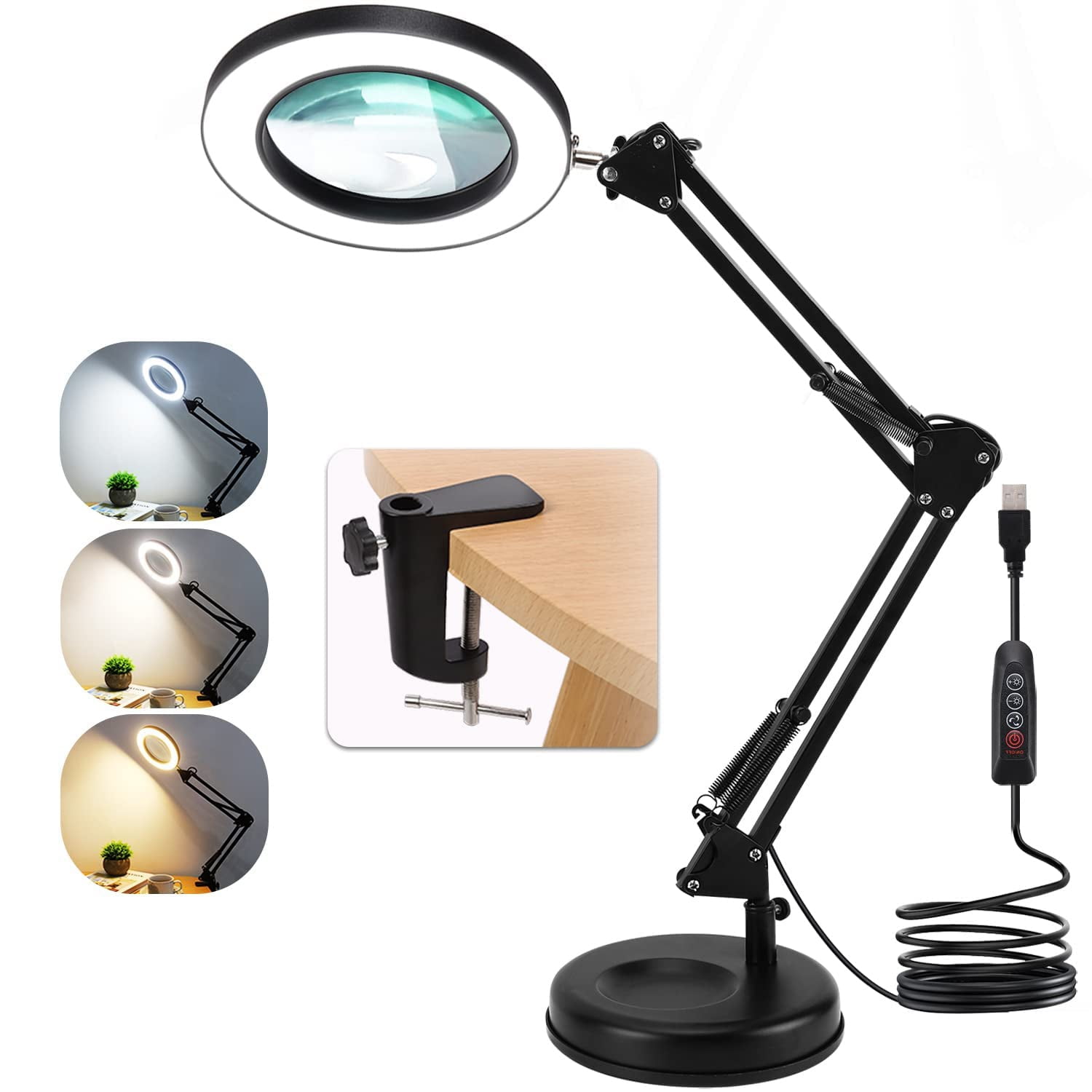  8X Desk Magnifying Glass with Light, NUEYiO 2-in-1 Heavy Duty  Base&Clamp Magnifying lamp, 4.1'' Real Glass Len, 3 Color Stepless Dimmable  LED Lighted Magnifier Glass for Soldering Crafts Sewing : Health