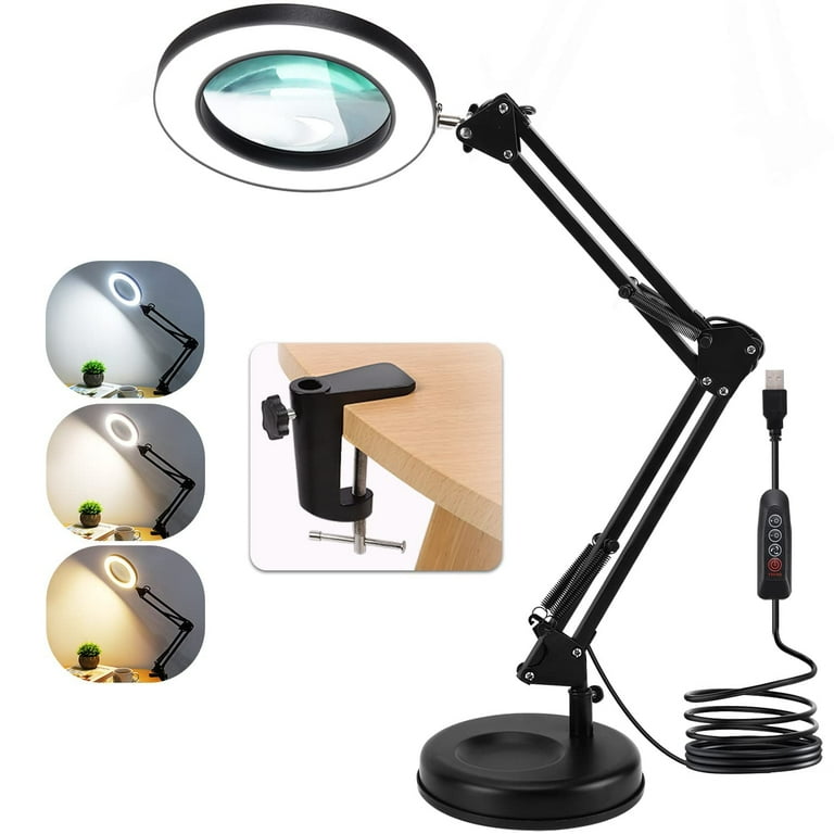 8X Magnifying Glass with Light and Stand, 2-in-1 Real Glass Magnifying Desk  Lamp & Clamp, 3 Color Modes Stepless Dimmable, LED Lighted Magnifier with