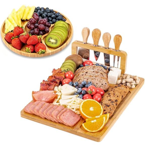 Kisportee Charcuterie Board Set, Large Cheese Board and Knife Set with Accessories, 7 PCS Natural Bamboo Charcuterie Tray