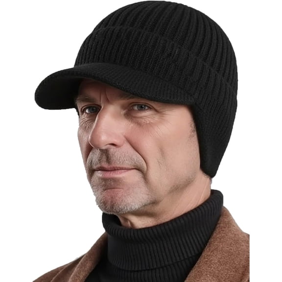 Blocking Knitted Hats with Ear Flaps and Wool Brim, Fur-Lined Warm Stylish Baseball Beanie for Cold Weather