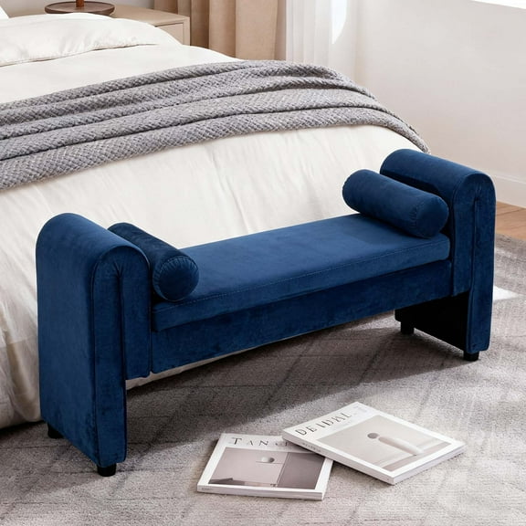 60.5'Storage Bench with Armrests and Bolster Pillows, Upholstered Velvet Ottoman Bench with Lift-Top Storage, Multi-Scene Entryway Bench Bedroom Bench Living Room Bench, 300 LBS Capacity BLUE