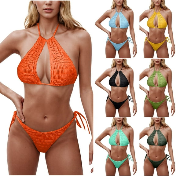 UTSJKR Women Sexy Bikini 2 Piece Summer Beach Solid Color Hollow Out Neck Tie Sexy Bikini Set Halter Top ​Tie Side Thong Bikini Swimsuits Army Green M