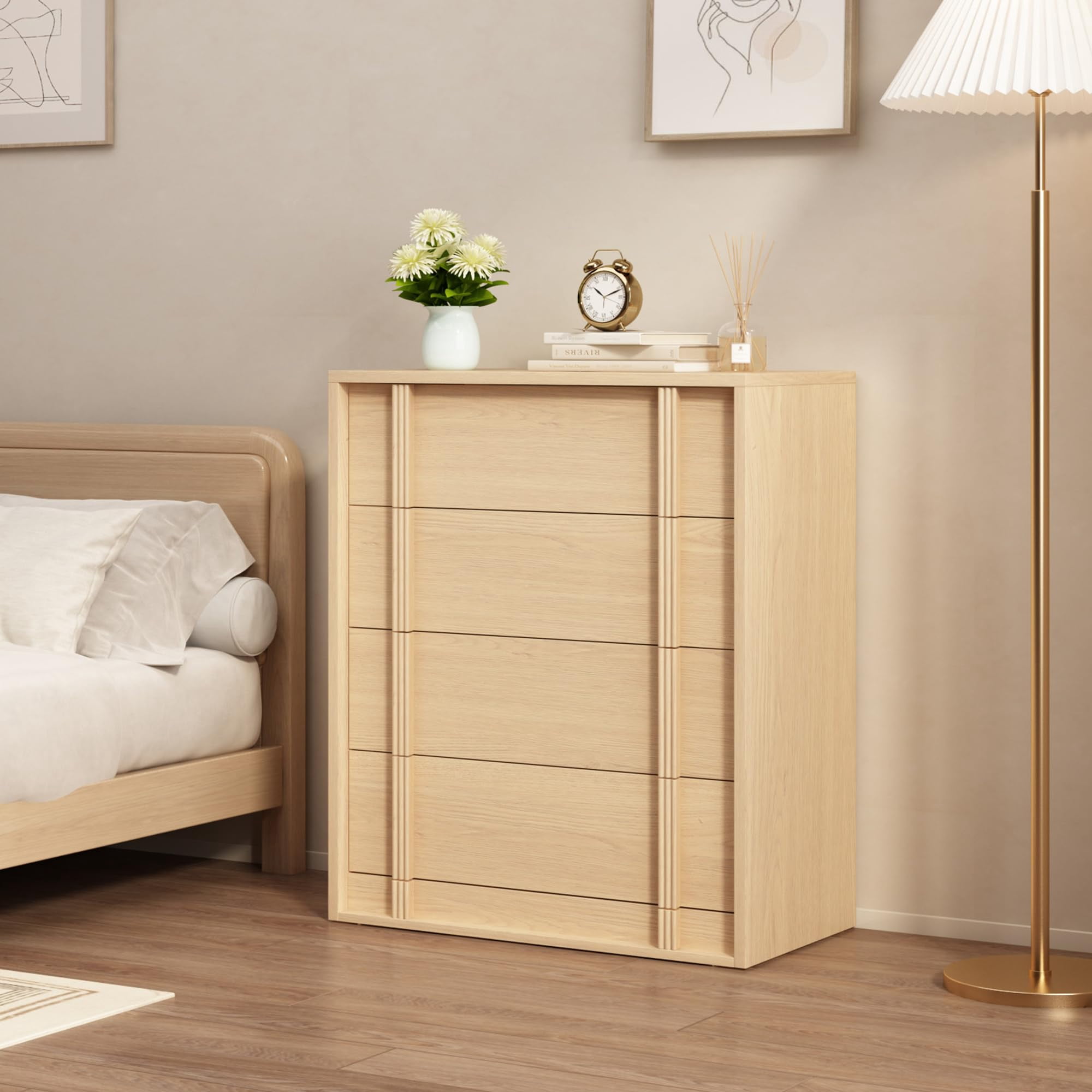TENSAKEE Modern Vertical Handle Bedside Table 4 Drawers Wooden Bedside Cabinet Compact Storage for Bedroom Living Room Entryway Dorm