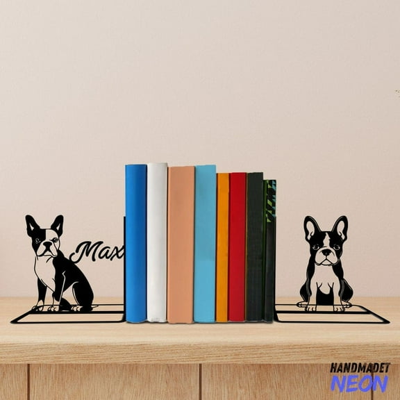 Handmadetneonsign Boston Terrier Dog Metal Bookends, Dog Name Bookend, Dog Table Bookshelf Decor 046931