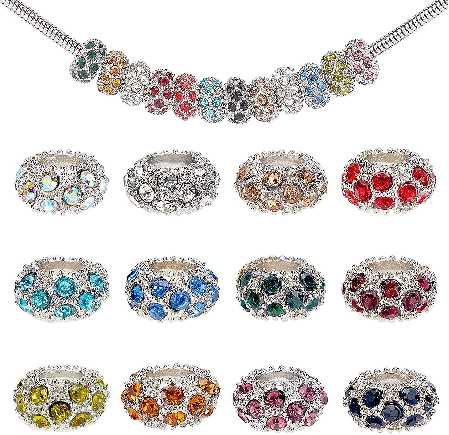 100pcs Rhinestone Large Hole Beads Diamond European Beads Garden Decor Beaded Rondelle Slide Spacer Beads Hair Beads Fit Bracelet Snake Chain Yard Patio Plant Pot Flower Decor Hole: 5mmClear