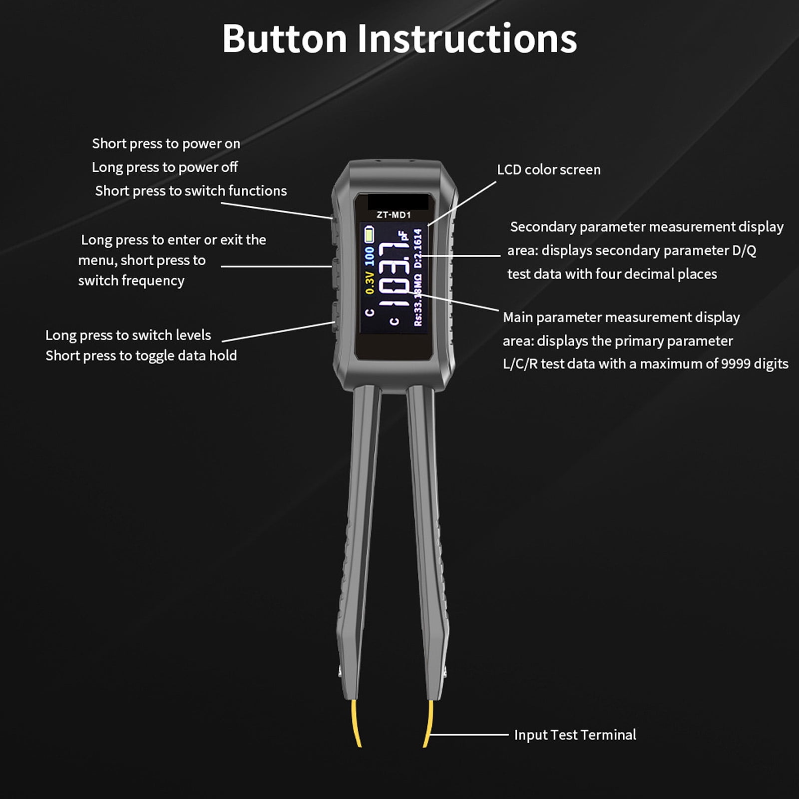 BIBABLYKE Digital Tweezer Tester Resistance Capacitance Diode Tester Measurement Tools Clear Display Professional Meter