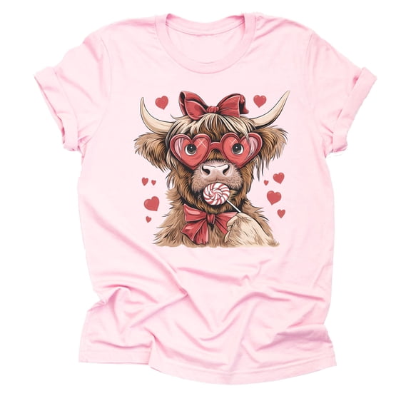 Valentine Highland Cow Hearts Graphic Design Casual Short Sleeve Shirt ( XX-Large, Pink)