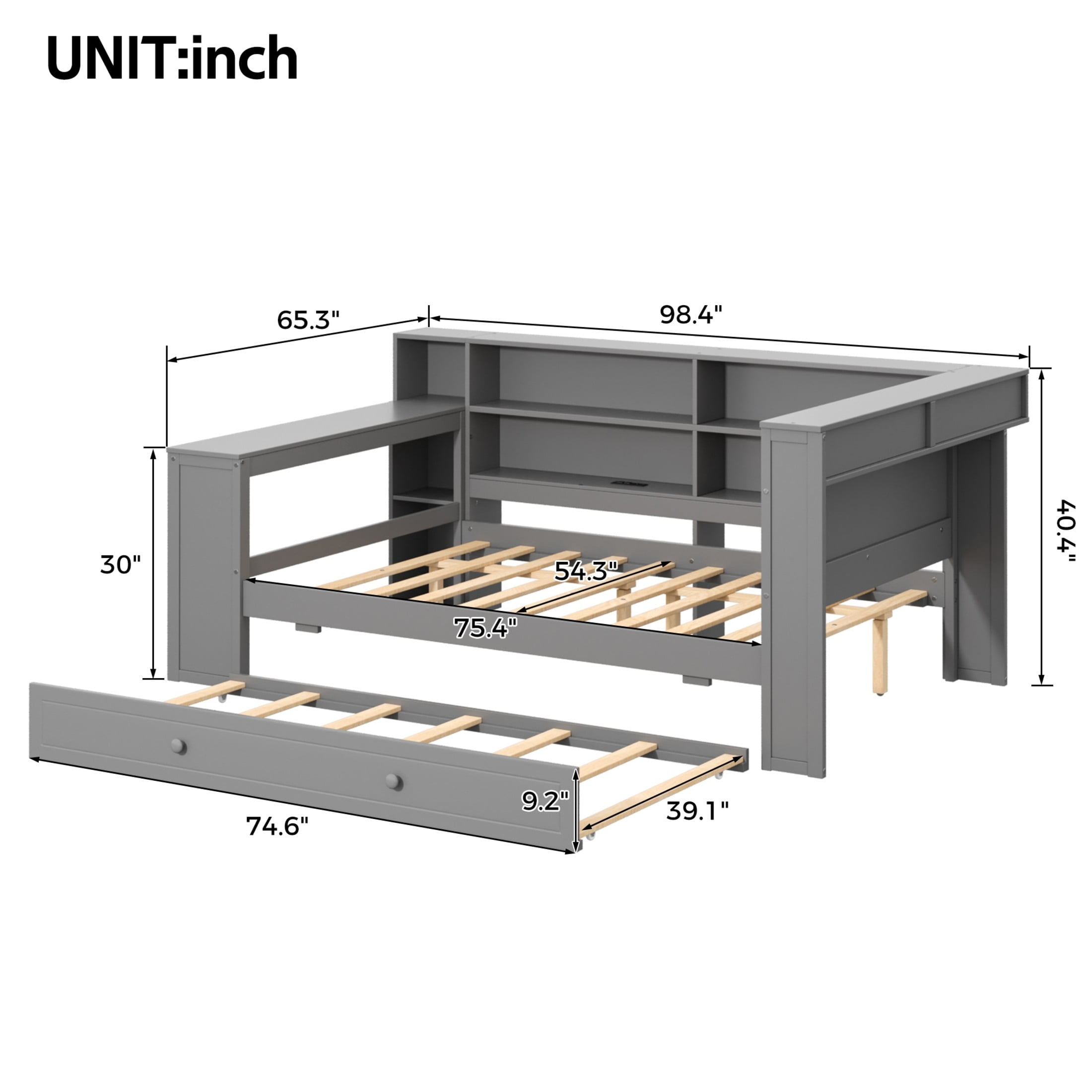 Noble House Full Platform Bed with Storage Shelves and Trundle, LED Desk and Integrated USB, Upholstered Headboard, Gray
