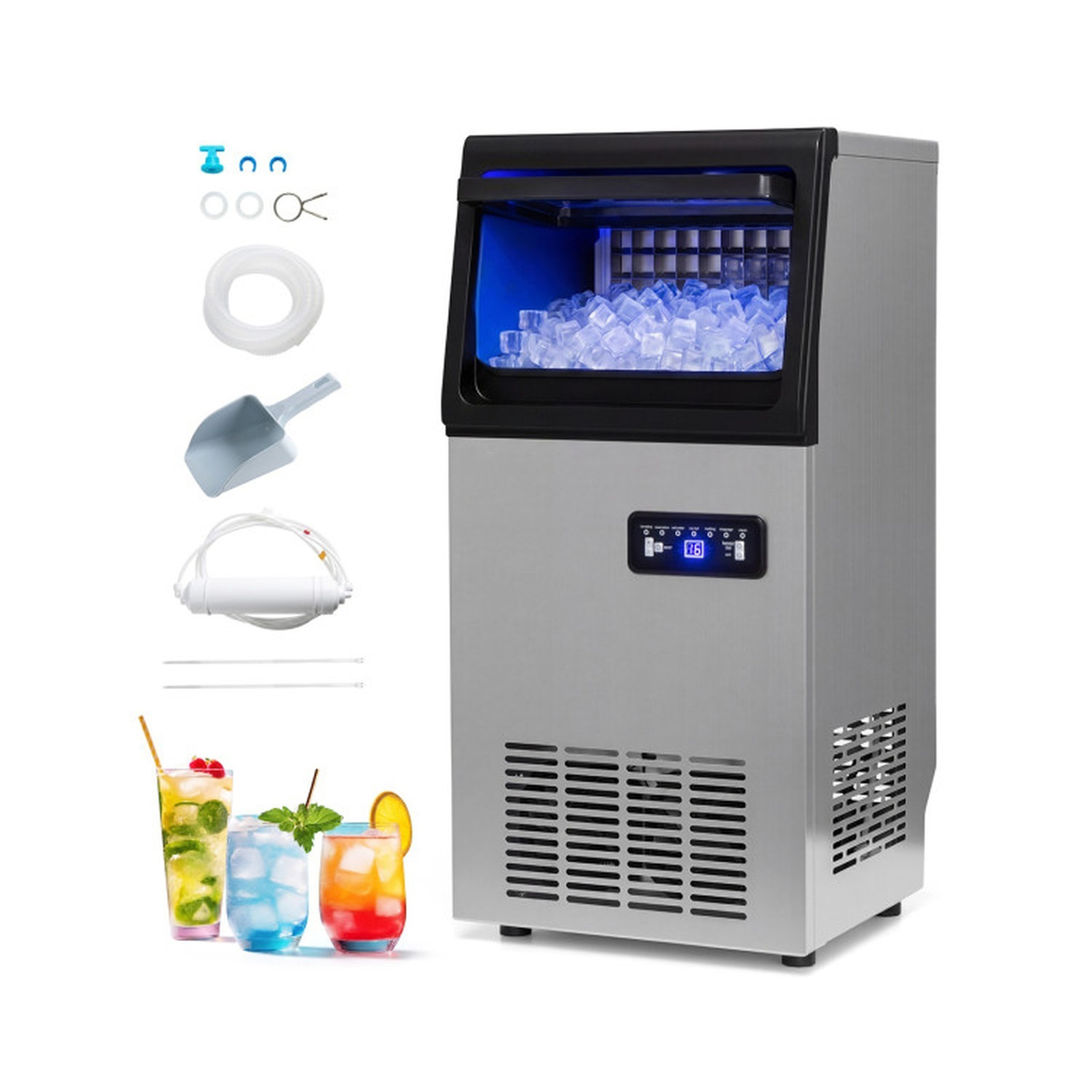 RUIE Stainless Steel Commercial Ice Maker 110 lbs/24H, Countertop Freestanding Ice Machine with 25 lbs Storage Bin for Home Bar Office Restaurant