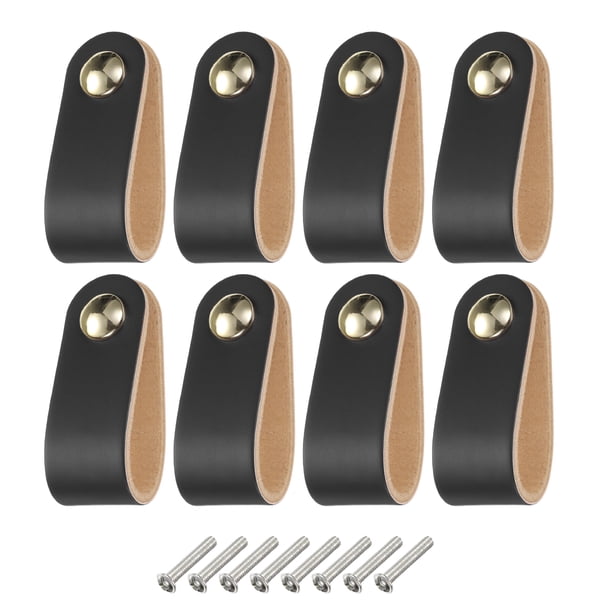 Uxcell 8 Packs Tiradores de Cajón de Cuero con Tornillos para Cajones, Negro/Dorado