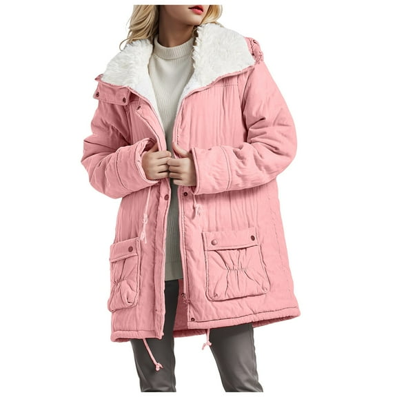 felwors Women's Winter Mid Length Thick Warm Lamb Wool Lined Jacket Coat Pink, XL