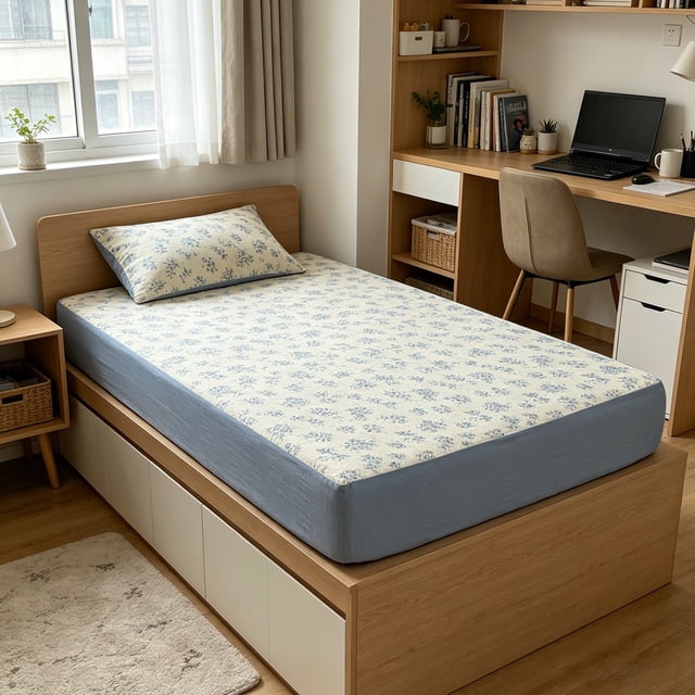 Linnome Fitted Sheet Floral Pattern Breathable Linen Mattress Protector for Single Bed Cool Easy Clean 35.4x78.4in Multicolor#06