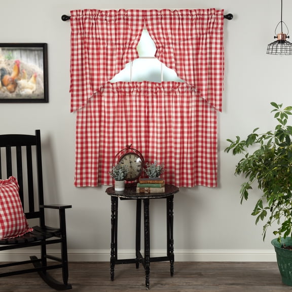 VHC Brands Annie Buffalo Check 4 PC Country Red Curtain Set (2 Prairie Swag 36x18 and 2 Tier 36x36)
