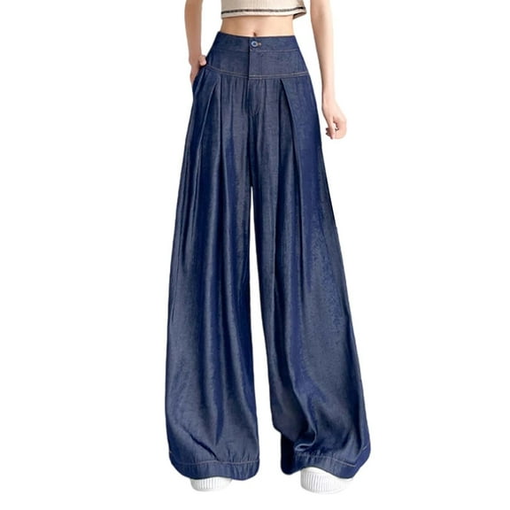 Fiaer,Wide Leg Plus Size Pants for Women,Women's High Waisted Jeans Wide Leg Slack,Ladies Lightweight Casual Trendy Flowy Trousers with Pockets Blue XL