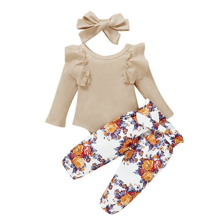 

Efsteb Cute Newborn Baby Girl Clothes Infant Solid Rib Frill Long Sleeve Ruffles Romper Tops Floral Long Pants Headband Set 3pcs Outfits Khaki 6-9 Months