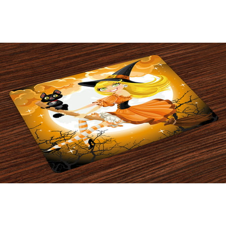Halloween Placemats Set of 4 Cute Sexy Witch on a Broom with Baby Kitten and Hazy Moonlight Halloween Themed, Washable Fabric Place Mats for Dining Room Kitchen Table Decor,Multicolor, by Ambesonne