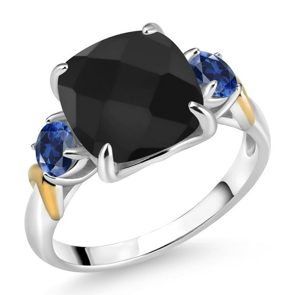 Gem Stone King 925 Silver and 10K Yellow Gold Onyx and Blue Created Sapphire 3 Stone Ring for Women (4.30 Cttw, Gemstone December Birthstone, Cushion Checkerboard 10MM, Round 4MM, Size 5)