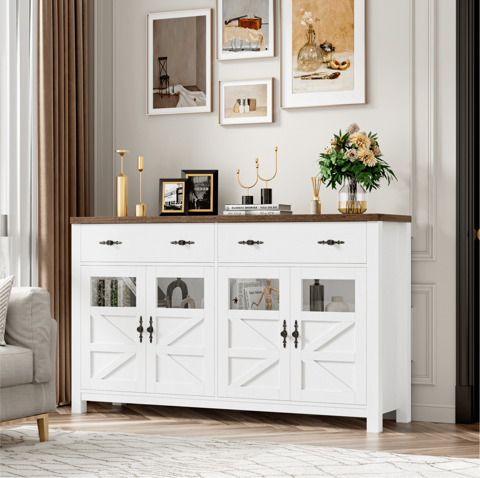 Homfa Farmhouse 55.1"W Kitchen Buffet Cabinet with Storage Drawer & Adjustable Shelf, Glass Door Wood Sideboard Credenza Coffee Bar with for Dining Room Living Room, White & Natural Wood