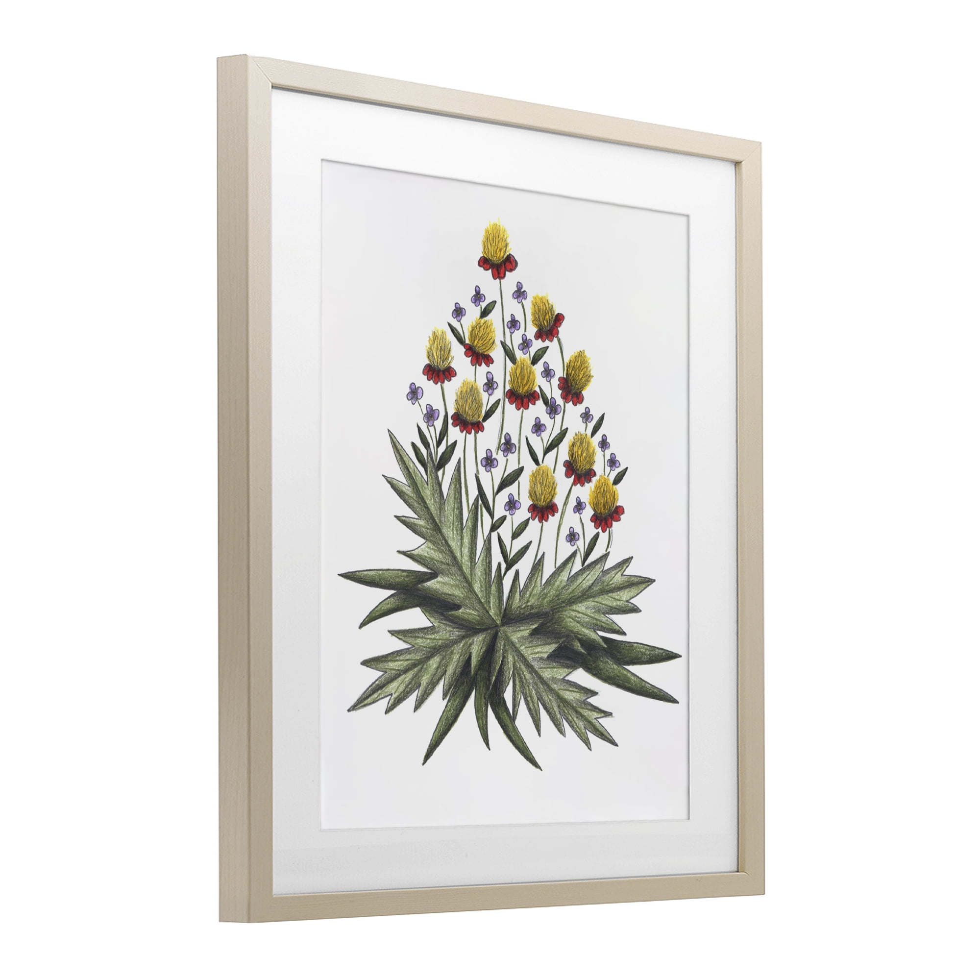Yellow Leafy Wild Flowers Birch Framed Print Under Glass, design by Cecilia Battaini