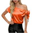 thumbnail image 2 of HAPIMO Women's Off Shoulder Silk Tops Casual Short Sleeve Asymmetrical Neck Satin Blouse Elegant Casual Work Office Party Shirt Orange S, 2 of 7