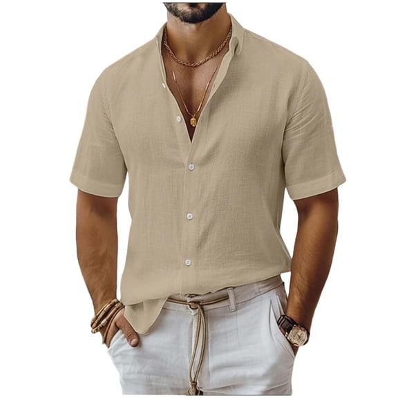 LMOIPLI Men's Linen Short Sleeve Shirts Cotton Casual Lightweight Button Down Shirt Beach Vacation Summer Top Khaki L