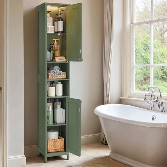 LEDREM Bathroom Storage Cabinet 67" Tall Narrow Wooden Freestanding Cabinet with Automatic Door Lights, Adjustable Shelves,Green