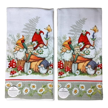 Set of 2 GARDEN GNOME Daisy Border Terry Kitchen Towels by Kay Dee Designs