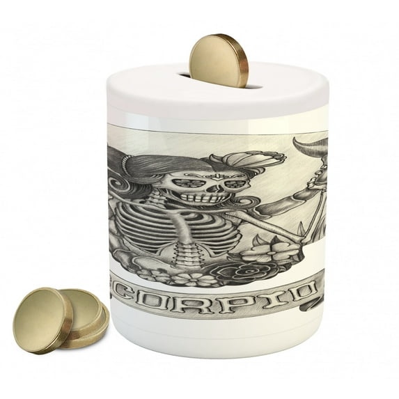 Zodiac Scorpio Piggy Bank, Human Skeleton Sugar Skull Design Dead Woman with Flowers Vintage, Ceramic Coin Bank Money Box for Cash Saving, 3.6" X 3.2", Beige Black White, by Ambesonne