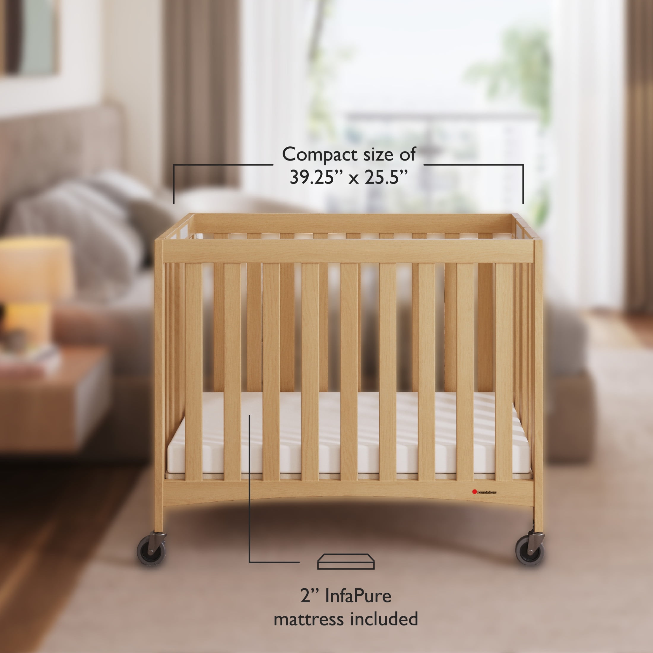 Foundations Travel Sleeper Wood Compact Folding Crib 3 Pack for Hotels, Natural